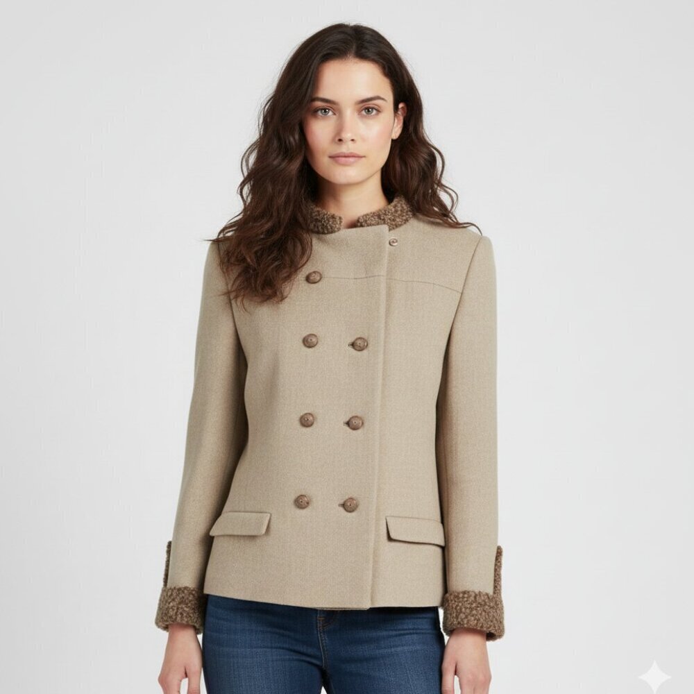 Vintage Katzman Light Beige Wool Fur Trim Winter Blazer Jacket Union Made S/M